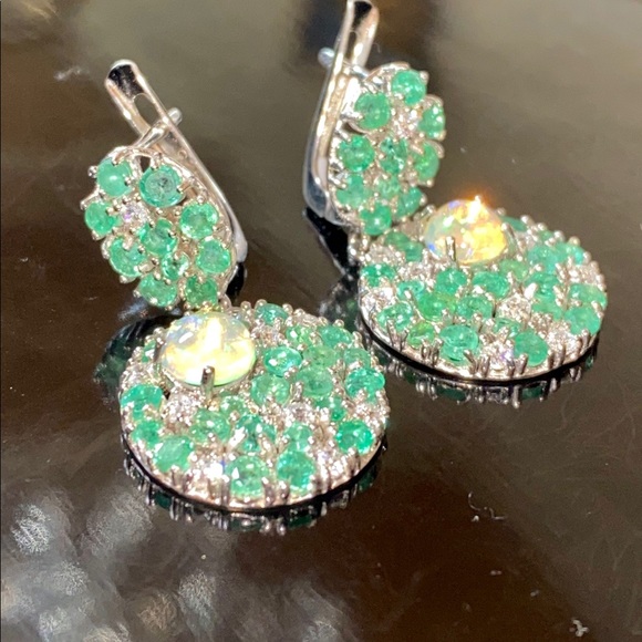 Fascinating Genuine Emerald Fire Opal Earrings - Picture 8 of 17
